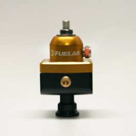 Universal High Pressure Adjustable Fuel Pressure Regulator Blocking Style Mini 25-65 psi (1) -6AN Inlet (2) -6AN Outlets Gold FUELAB